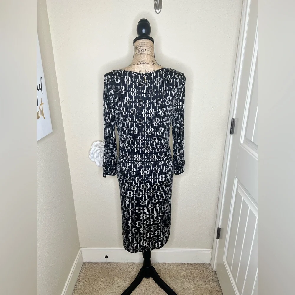 NTM: Tory Burch White Monogram Print Silk Sheath Dress 3/4 Sleeve Size L